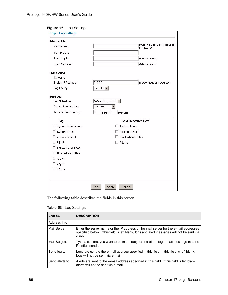 Figure 96 log settings, Table 53 log settings | ZyXEL Communications 660HW Series User Manual | Page 190 / 460