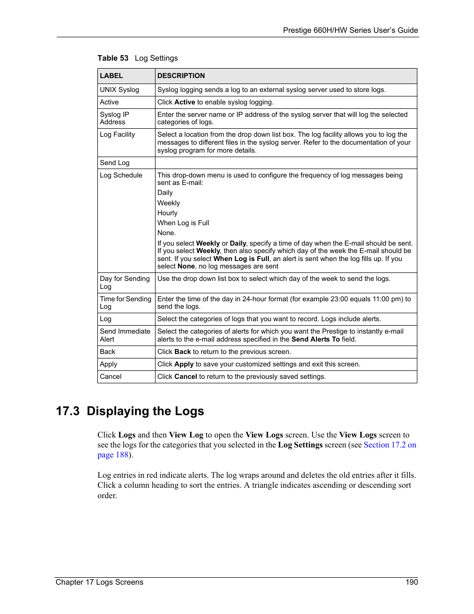 3 displaying the logs | ZyXEL Communications 660HW Series User Manual | Page 191 / 460