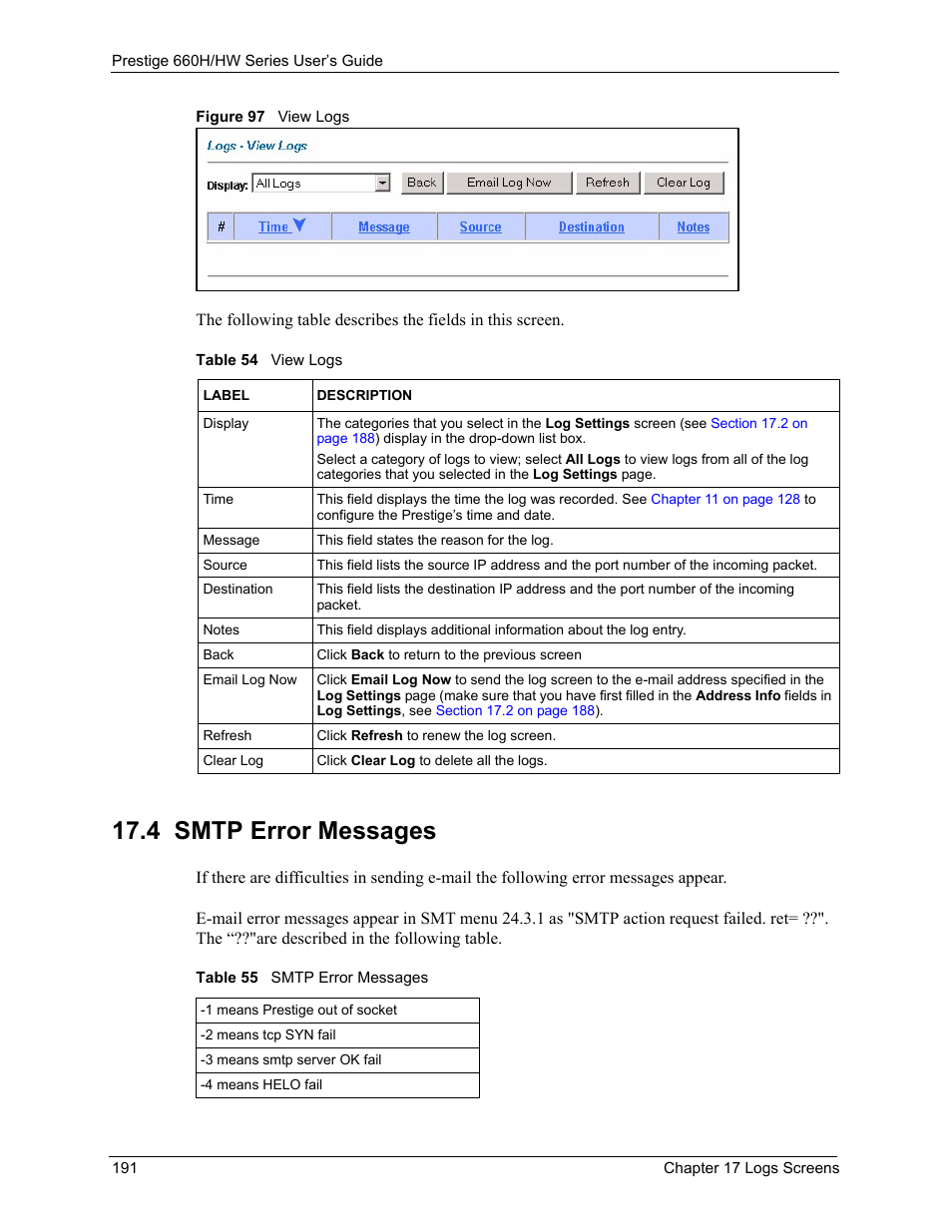 4 smtp error messages, Figure 97 view logs, Table 54 view logs table 55 smtp error messages | ZyXEL Communications 660HW Series User Manual | Page 192 / 460