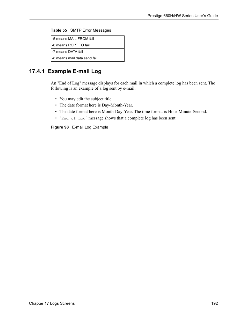1 example e-mail log, Figure 98 e-mail log example | ZyXEL Communications 660HW Series User Manual | Page 193 / 460