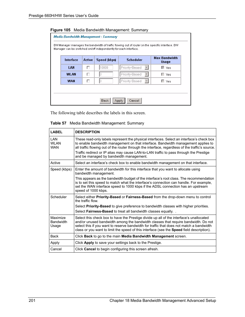 Figure 105 media bandwidth management: summary, Table 57 media bandwidth management: summary | ZyXEL Communications 660HW Series User Manual | Page 202 / 460