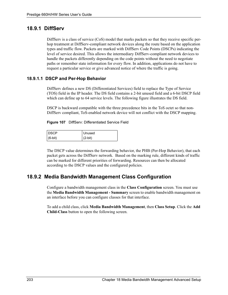 1 diffserv, 1 dscp and per-hop behavior, 2 media bandwidth management class configuration | Figure 107 diffserv: differentiated service field | ZyXEL Communications 660HW Series User Manual | Page 204 / 460