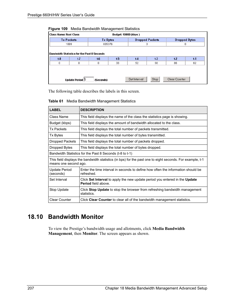 10 bandwidth monitor, Figure 109 media bandwidth management statistics, Table 61 media bandwidth management statistics | ZyXEL Communications 660HW Series User Manual | Page 208 / 460