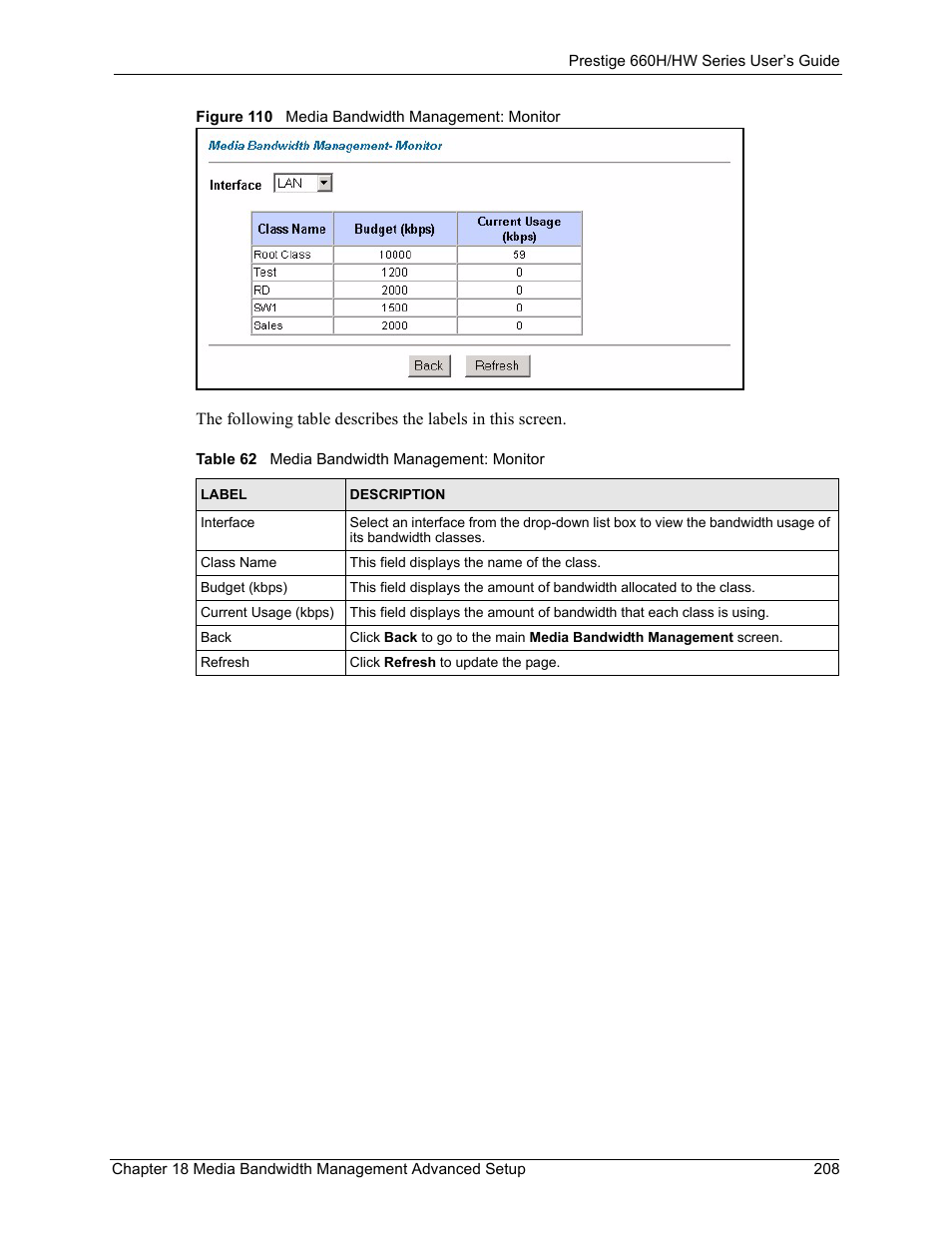 Figure 110 media bandwidth management: monitor, Table 62 media bandwidth management: monitor | ZyXEL Communications 660HW Series User Manual | Page 209 / 460