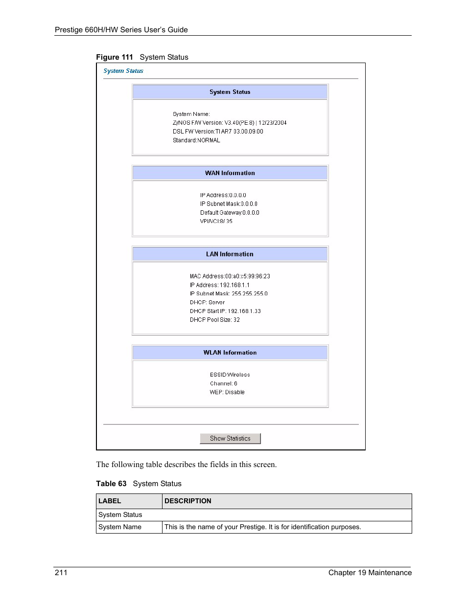 Figure 111 system status, Table 63 system status | ZyXEL Communications 660HW Series User Manual | Page 212 / 460