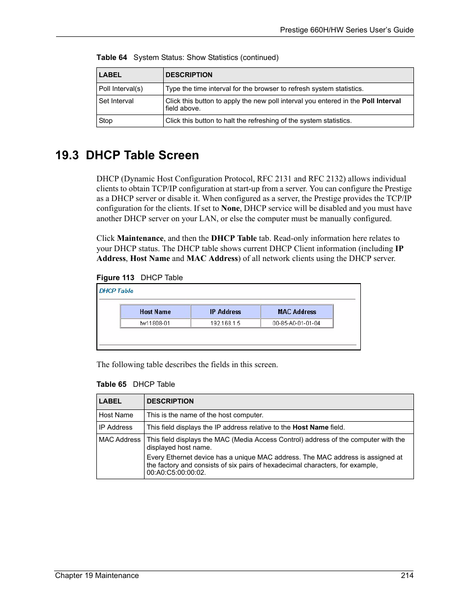 3 dhcp table screen, Figure 113 dhcp table, Table 65 dhcp table | ZyXEL Communications 660HW Series User Manual | Page 215 / 460