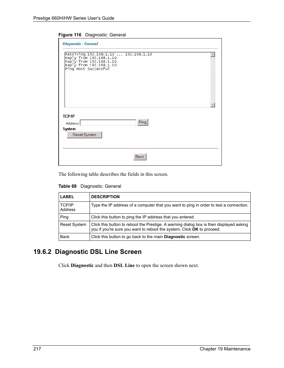 2 diagnostic dsl line screen, Figure 116 diagnostic: general, Table 68 diagnostic: general | ZyXEL Communications 660HW Series User Manual | Page 218 / 460