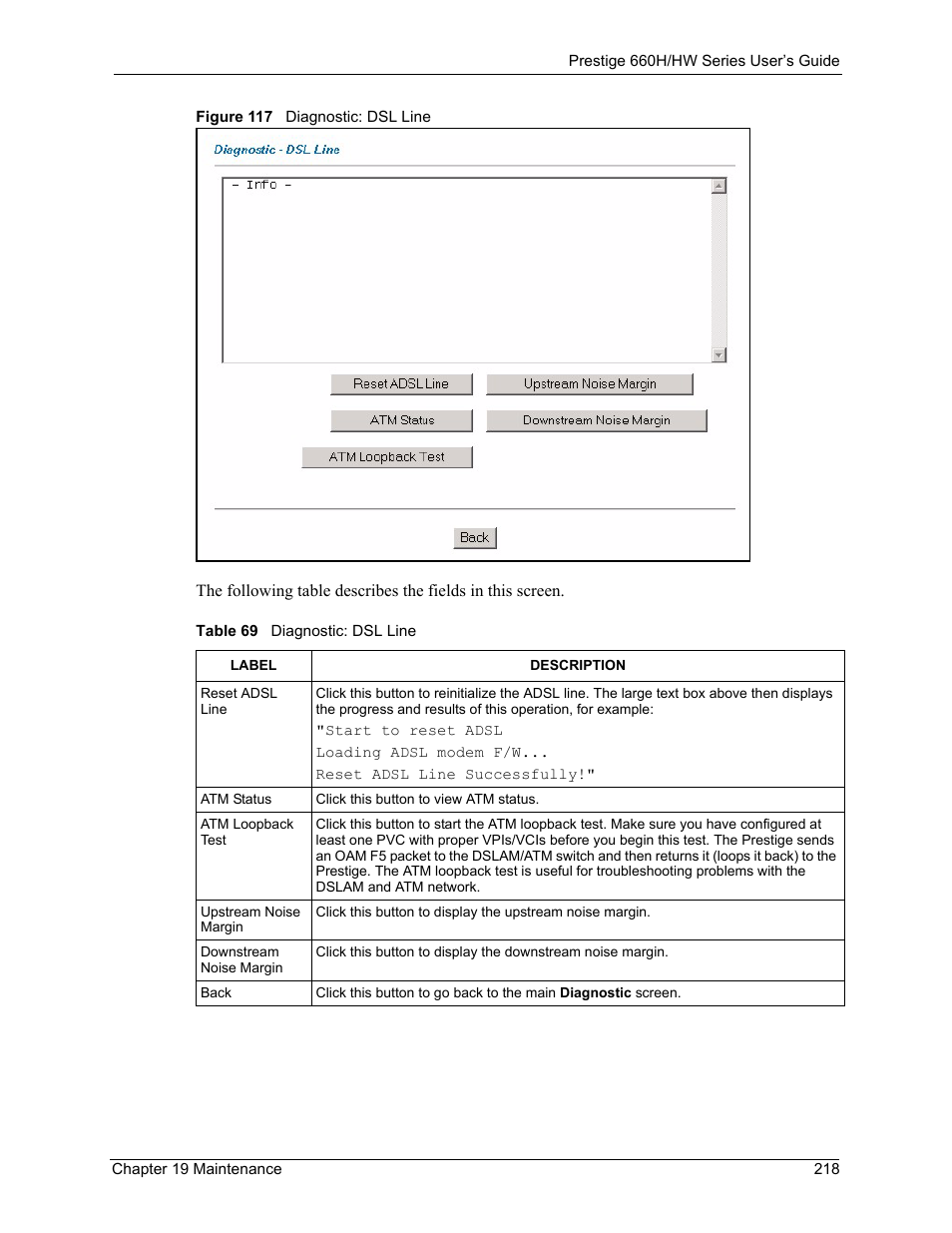 Figure 117 diagnostic: dsl line, Table 69 diagnostic: dsl line | ZyXEL Communications 660HW Series User Manual | Page 219 / 460