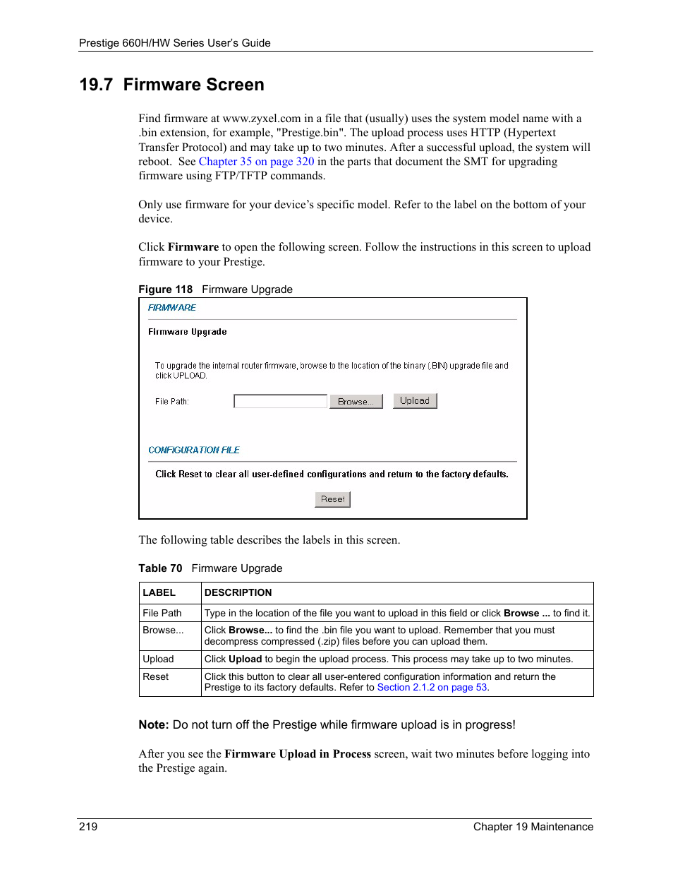 7 firmware screen, Figure 118 firmware upgrade, Table 70 firmware upgrade | ZyXEL Communications 660HW Series User Manual | Page 220 / 460