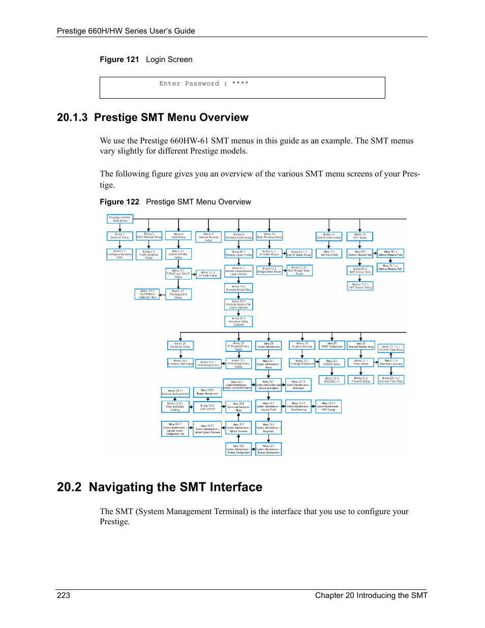 3 prestige smt menu overview, 2 navigating the smt interface | ZyXEL Communications 660HW Series User Manual | Page 224 / 460