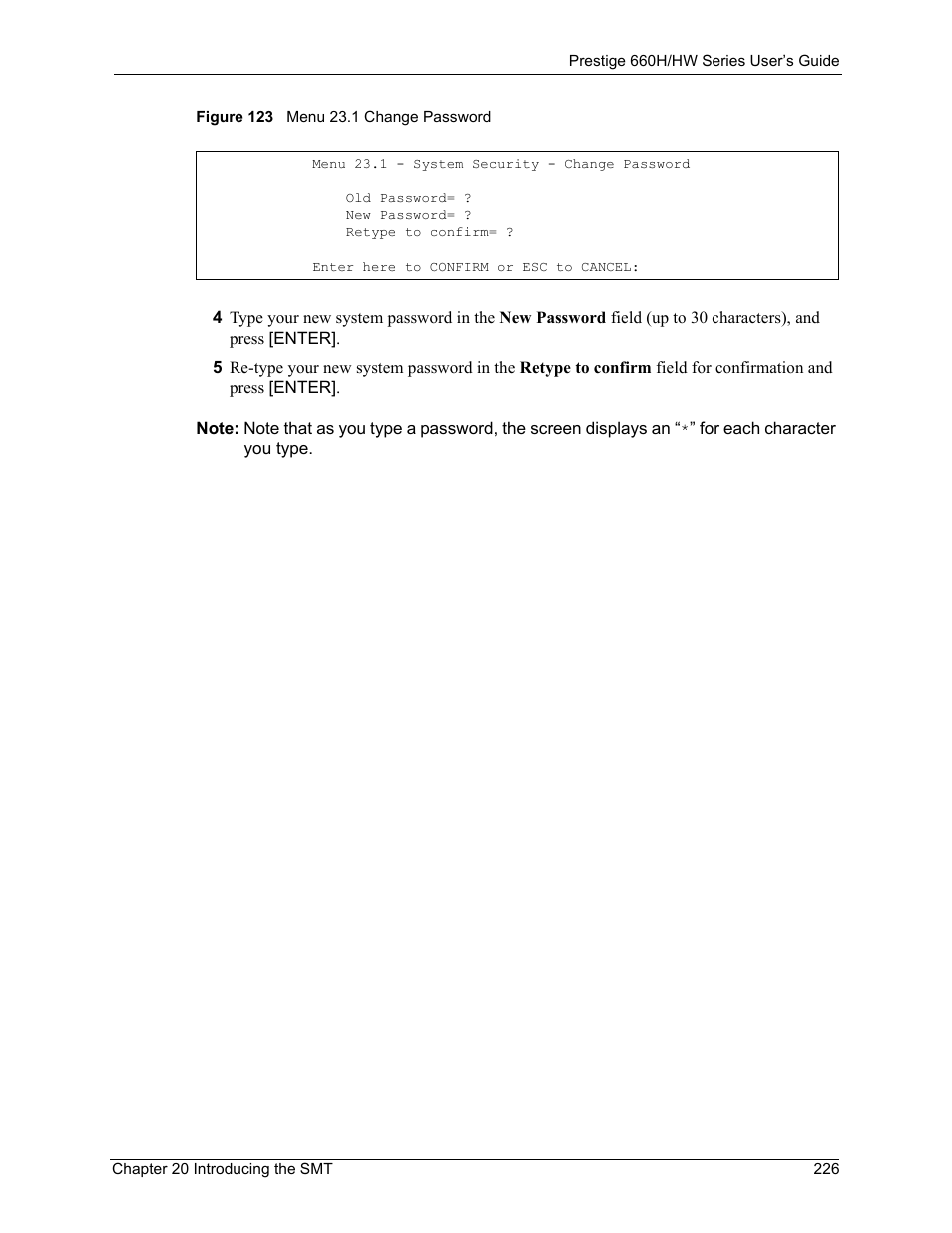 Figure 123 menu 23.1 change password | ZyXEL Communications 660HW Series User Manual | Page 227 / 460