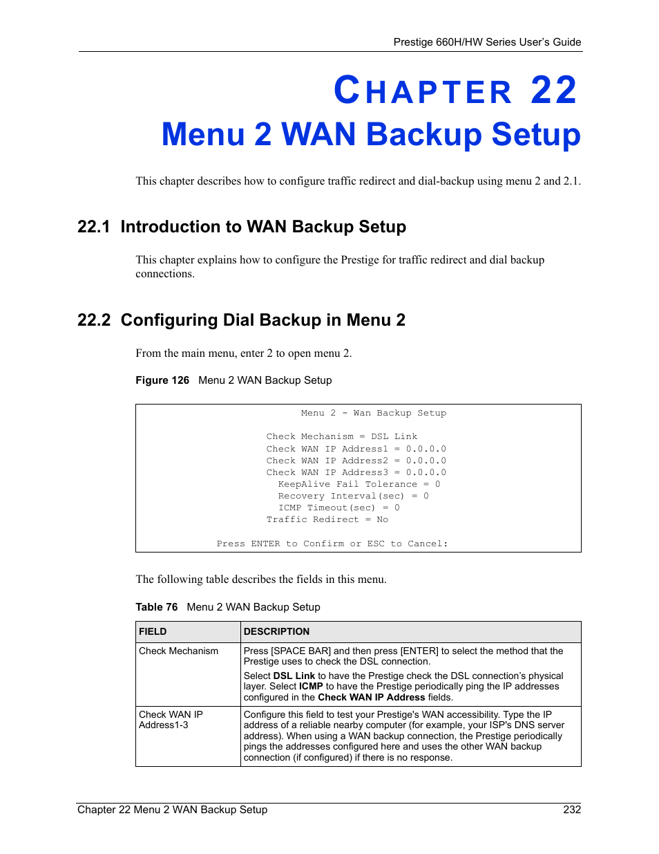 Menu 2 wan backup setup, 1 introduction to wan backup setup, 2 configuring dial backup in menu 2 | Chapter 22 menu 2 wan backup setup, Figure 126 menu 2 wan backup setup, Table 76 menu 2 wan backup setup | ZyXEL Communications 660HW Series User Manual | Page 233 / 460