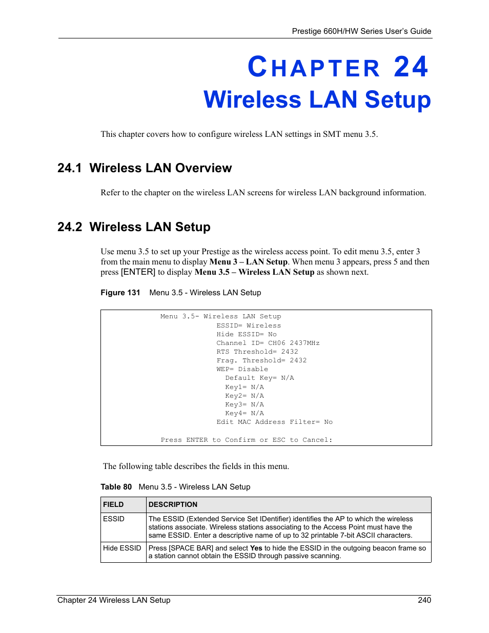 Wireless lan setup, 1 wireless lan overview, 2 wireless lan setup | Chapter 24 wireless lan setup, 1 wireless lan overview 24.2 wireless lan setup, Figure 131 menu 3.5 - wireless lan setup, Table 80 menu 3.5 - wireless lan setup | ZyXEL Communications 660HW Series User Manual | Page 241 / 460