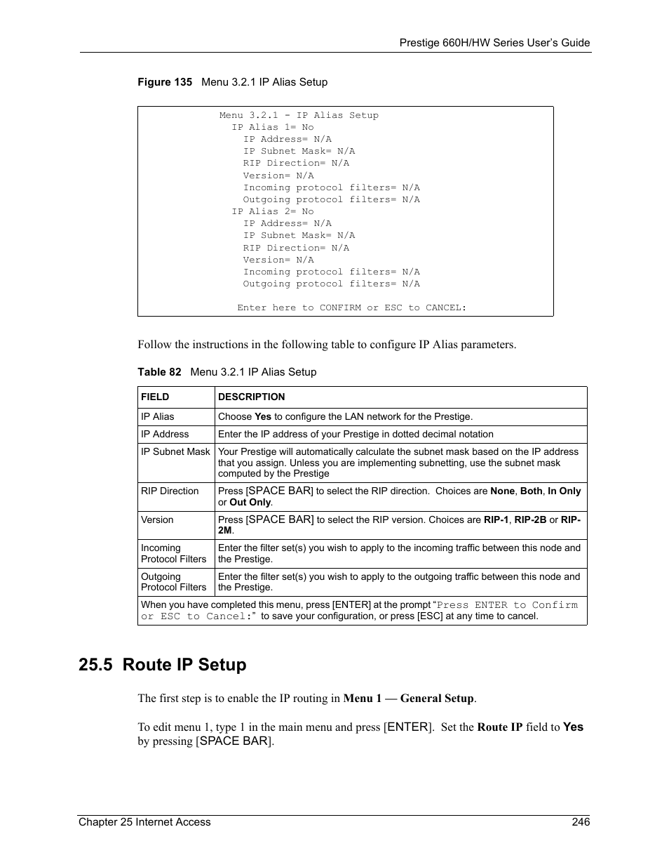 5 route ip setup, Figure 135 menu 3.2.1 ip alias setup, Table 82 menu 3.2.1 ip alias setup | ZyXEL Communications 660HW Series User Manual | Page 247 / 460