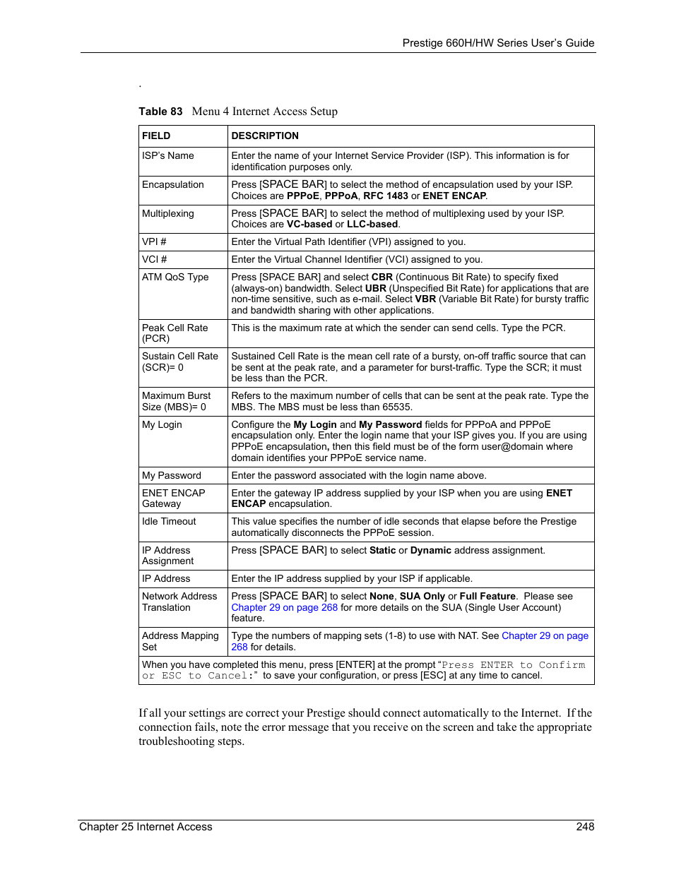 Table 83 menu 4 internet access setup | ZyXEL Communications 660HW Series User Manual | Page 249 / 460