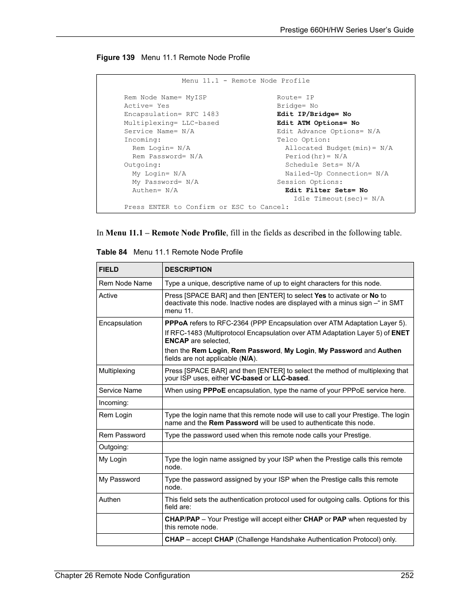 Figure 139 menu 11.1 remote node profile, Table 84 menu 11.1 remote node profile | ZyXEL Communications 660HW Series User Manual | Page 253 / 460