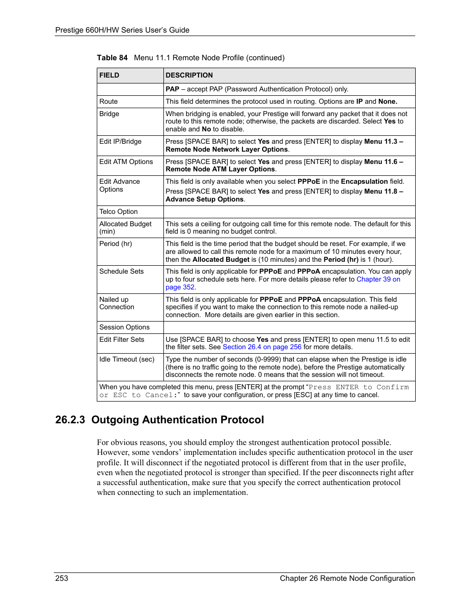 3 outgoing authentication protocol | ZyXEL Communications 660HW Series User Manual | Page 254 / 460