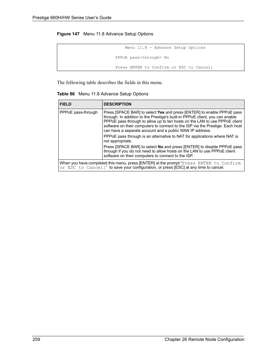 Figure 147 menu 11.8 advance setup options, Table 86 menu 11.8 advance setup options | ZyXEL Communications 660HW Series User Manual | Page 260 / 460