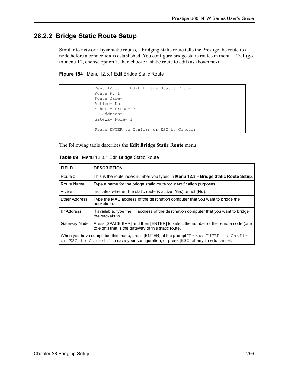 2 bridge static route setup, Figure 154 menu 12.3.1 edit bridge static route, Table 89 menu 12.3.1 edit bridge static route | ZyXEL Communications 660HW Series User Manual | Page 267 / 460