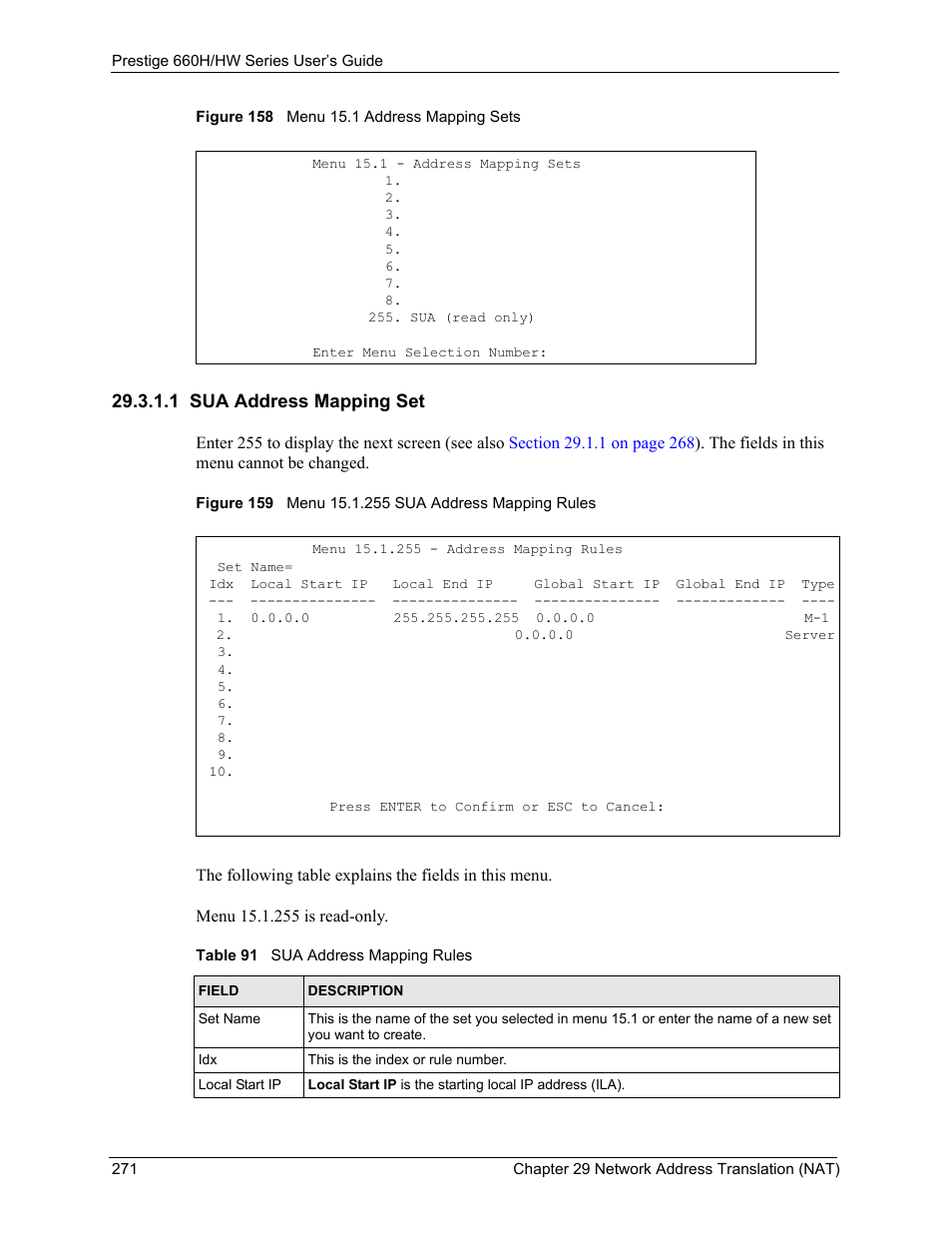 1 sua address mapping set, Table 91 sua address mapping rules, Eld (see | Ing set 255 (see, Figure 159 on, Choose | ZyXEL Communications 660HW Series User Manual | Page 272 / 460