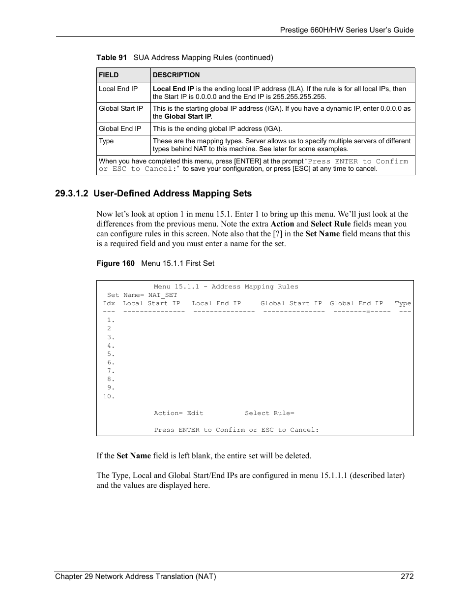 2 user-defined address mapping sets, Figure 160 menu 15.1.1 first set | ZyXEL Communications 660HW Series User Manual | Page 273 / 460