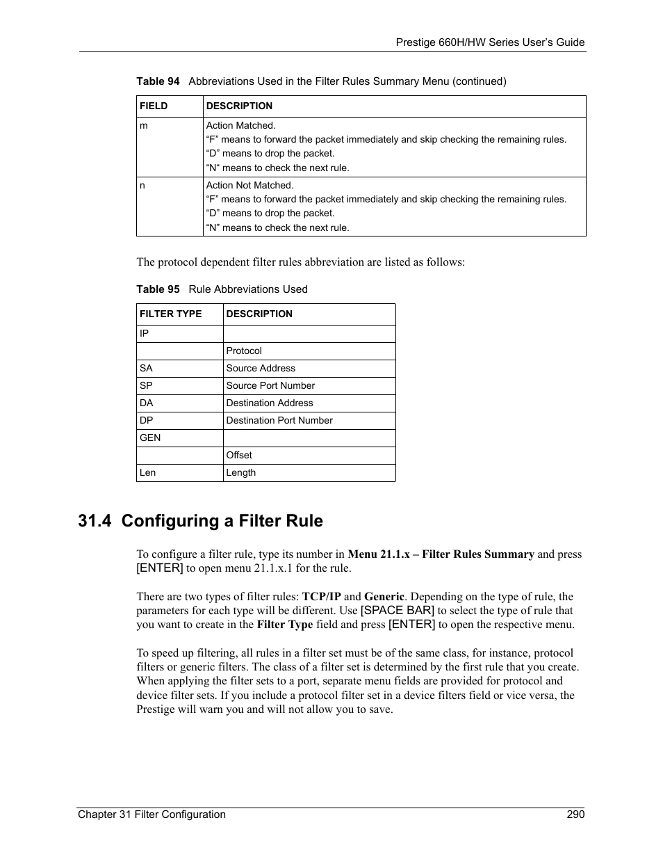 4 configuring a filter rule, Table 95 rule abbreviations used | ZyXEL Communications 660HW Series User Manual | Page 291 / 460