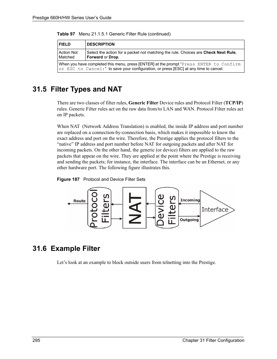 5 filter types and nat, 6 example filter, 5 filter types and nat 31.6 example filter | Figure 187 protocol and device filter sets | ZyXEL Communications 660HW Series User Manual | Page 296 / 460