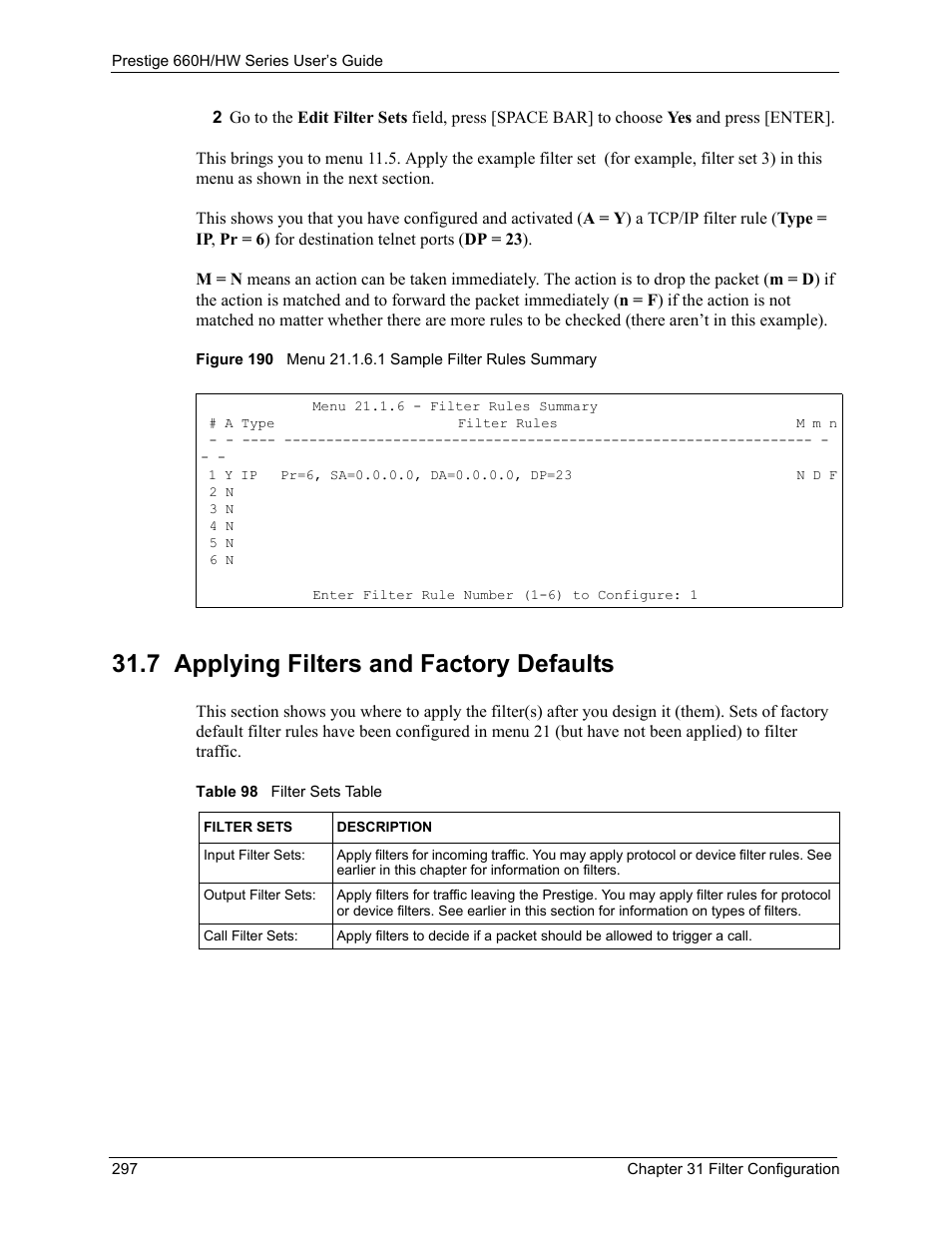 7 applying filters and factory defaults, Table 98 filter sets table | ZyXEL Communications 660HW Series User Manual | Page 298 / 460