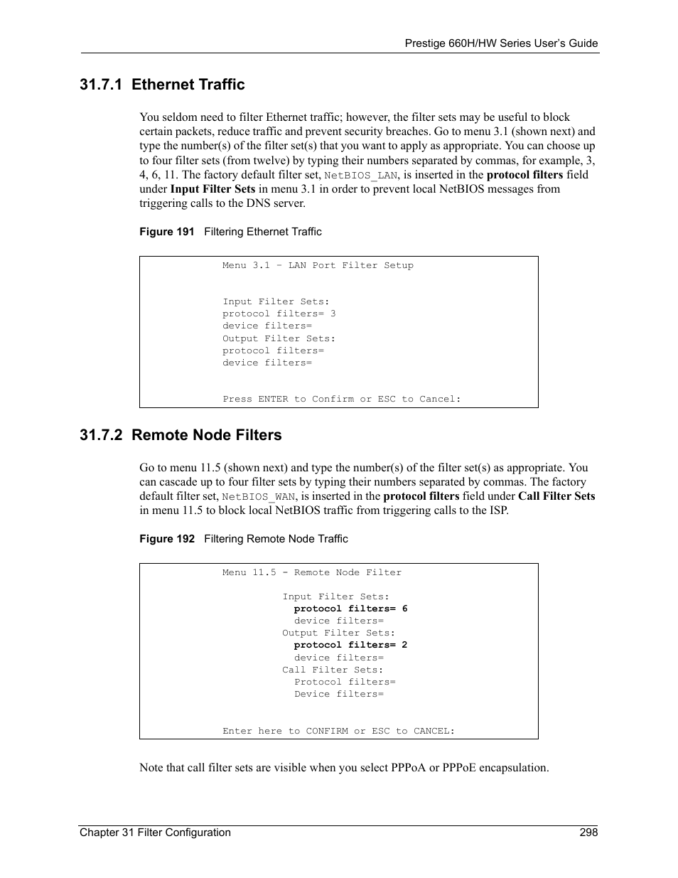 1 ethernet traffic, 2 remote node filters, 1 ethernet traffic 31.7.2 remote node filters | ZyXEL Communications 660HW Series User Manual | Page 299 / 460