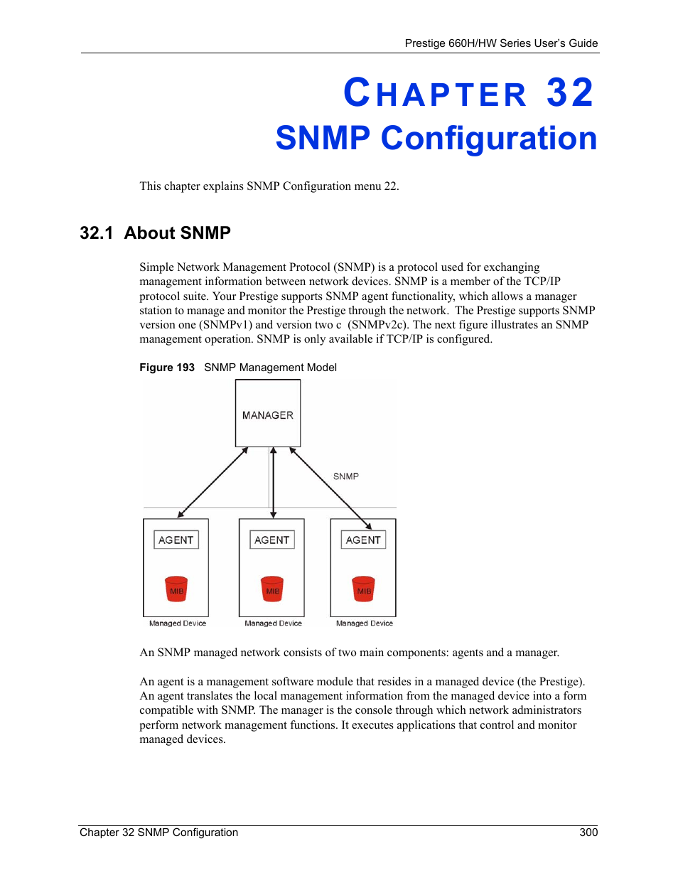 Snmp configuration, 1 about snmp, Chapter 32 snmp configuration | Figure 193 snmp management model | ZyXEL Communications 660HW Series User Manual | Page 301 / 460