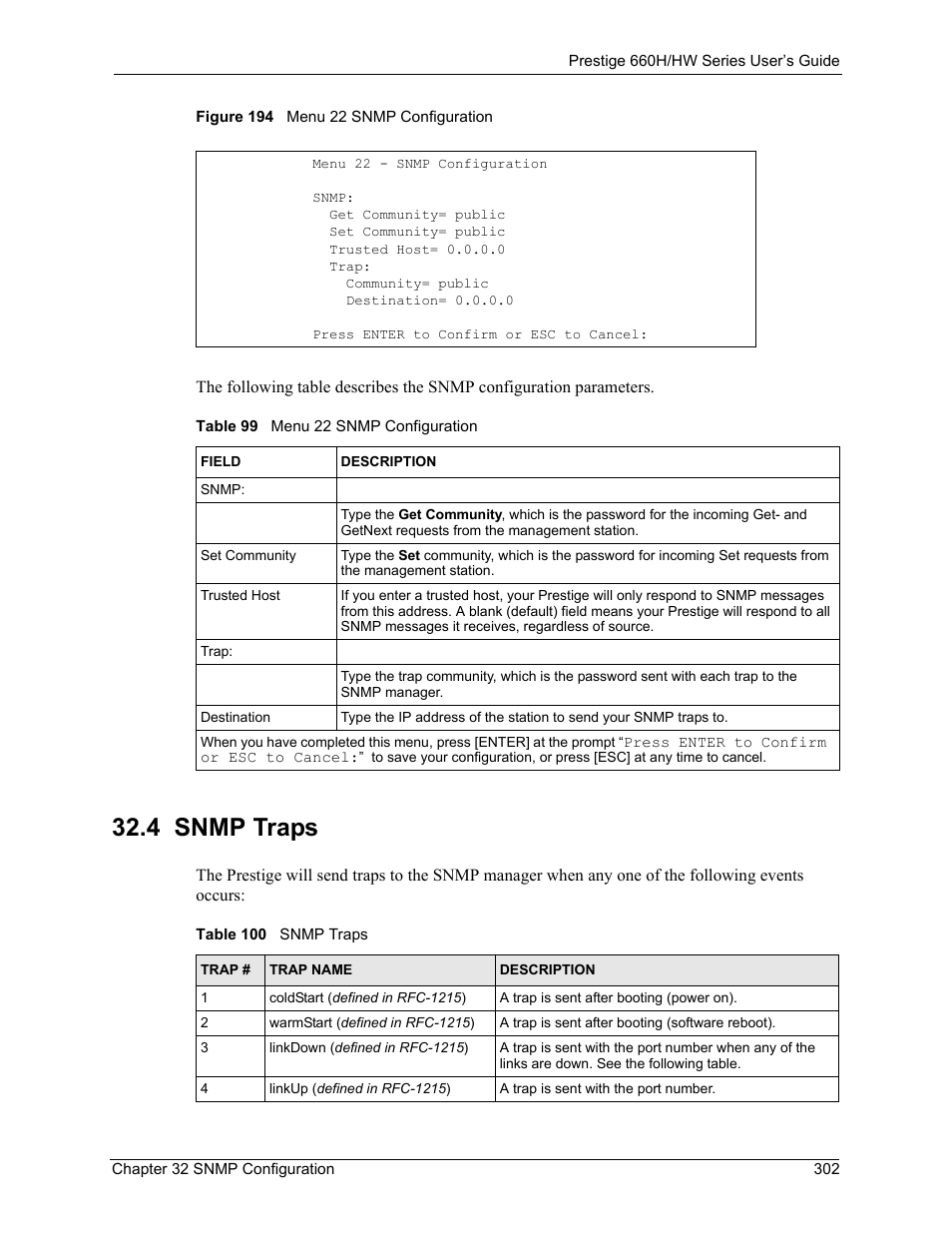 4 snmp traps, Figure 194 menu 22 snmp configuration | ZyXEL Communications 660HW Series User Manual | Page 303 / 460
