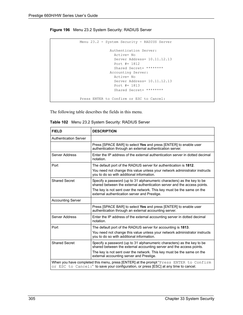Table 102 menu 23.2 system security: radius server | ZyXEL Communications 660HW Series User Manual | Page 306 / 460