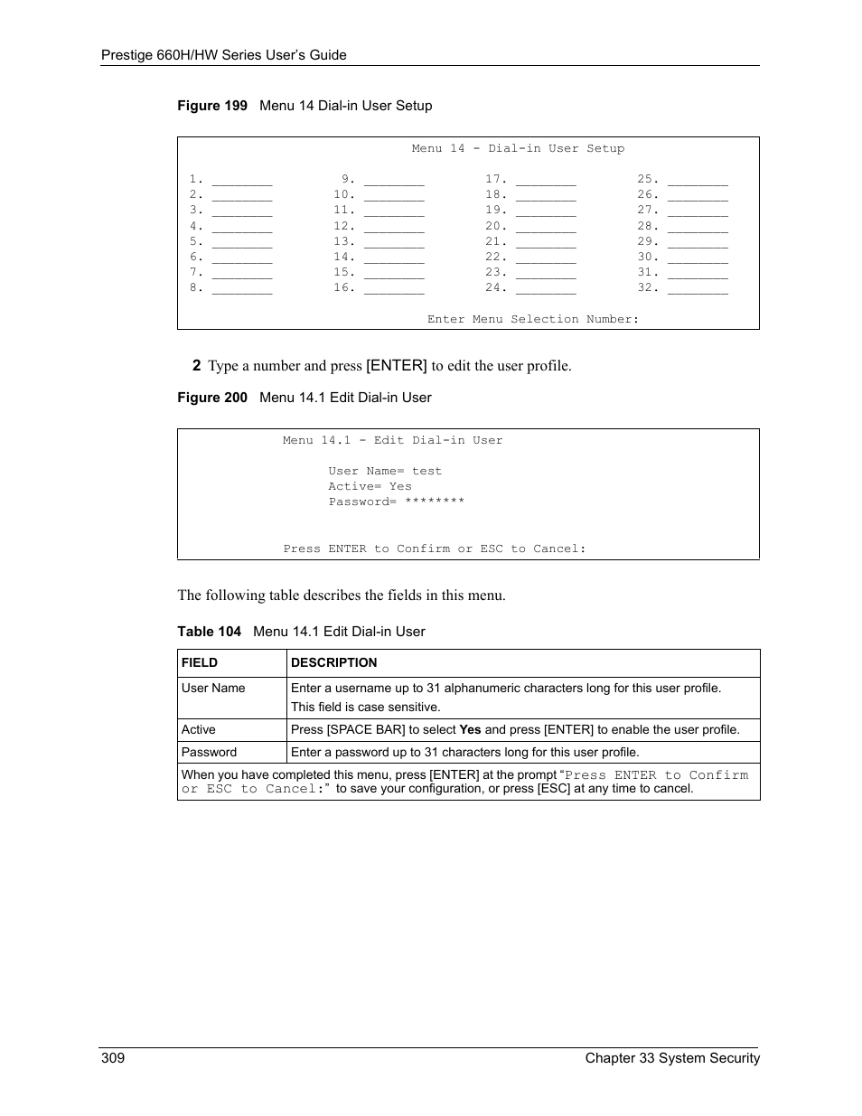 Table 104 menu 14.1 edit dial-in user | ZyXEL Communications 660HW Series User Manual | Page 310 / 460