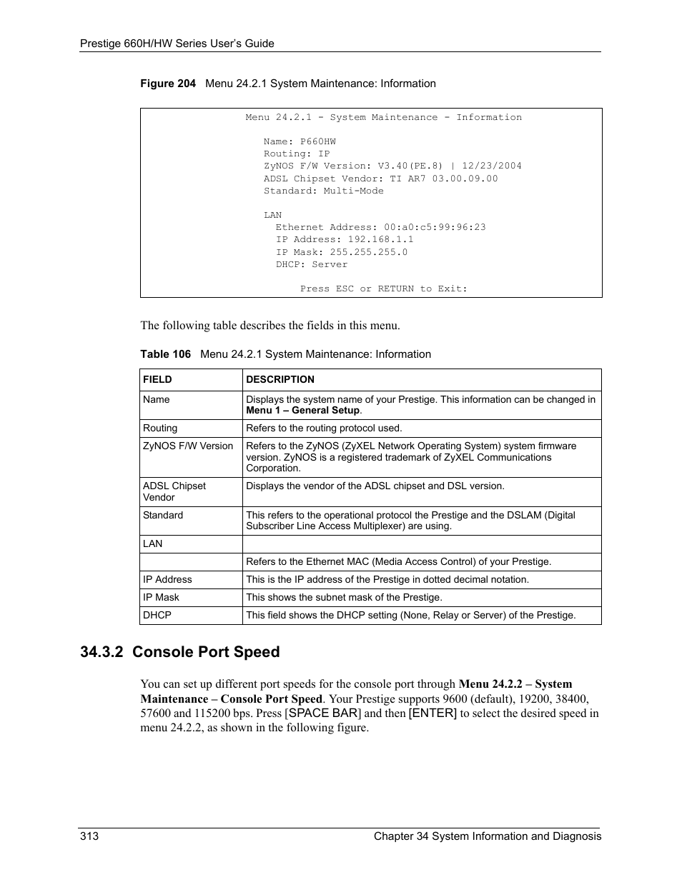 2 console port speed | ZyXEL Communications 660HW Series User Manual | Page 314 / 460