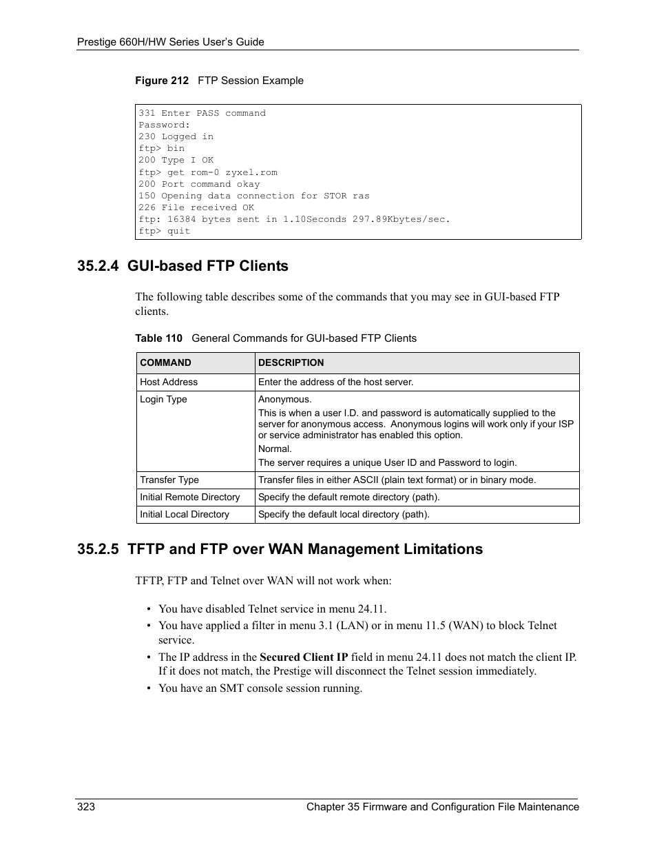 4 gui-based ftp clients, 5 tftp and ftp over wan management limitations, Figure 212 ftp session example | ZyXEL Communications 660HW Series User Manual | Page 324 / 460