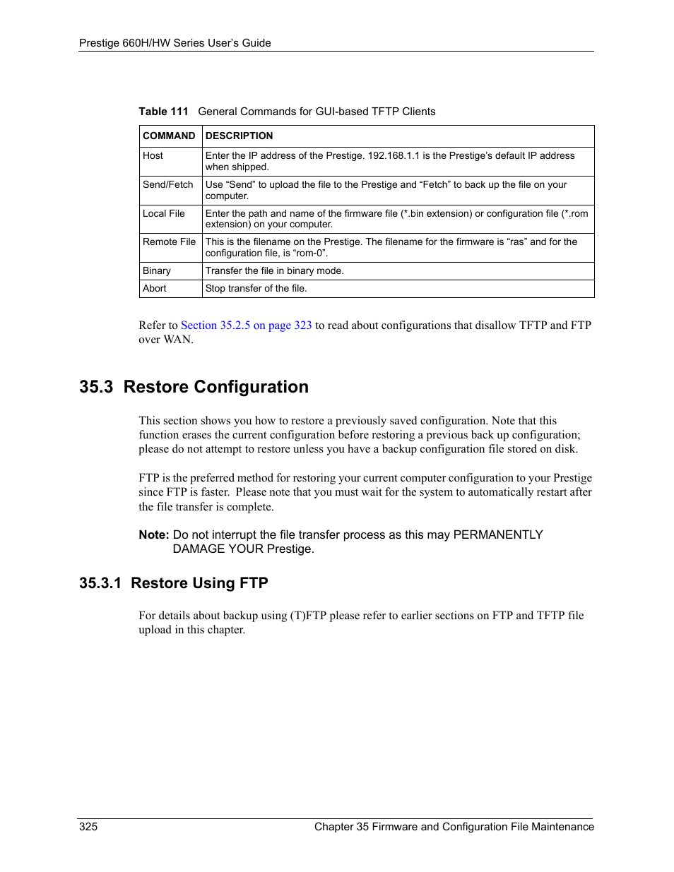 3 restore configuration, 1 restore using ftp | ZyXEL Communications 660HW Series User Manual | Page 326 / 460