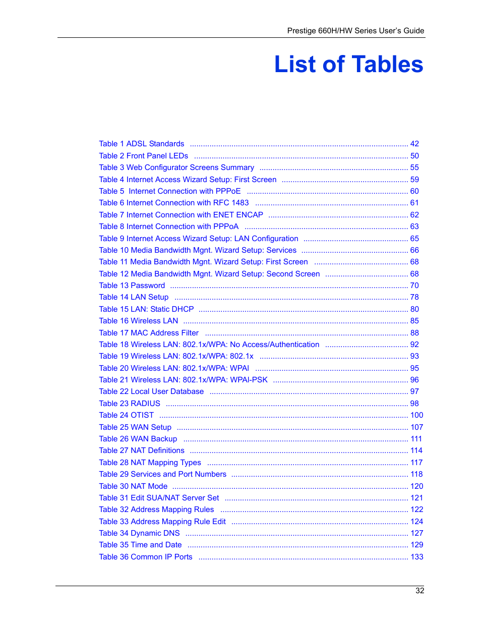 List of tables | ZyXEL Communications 660HW Series User Manual | Page 33 / 460