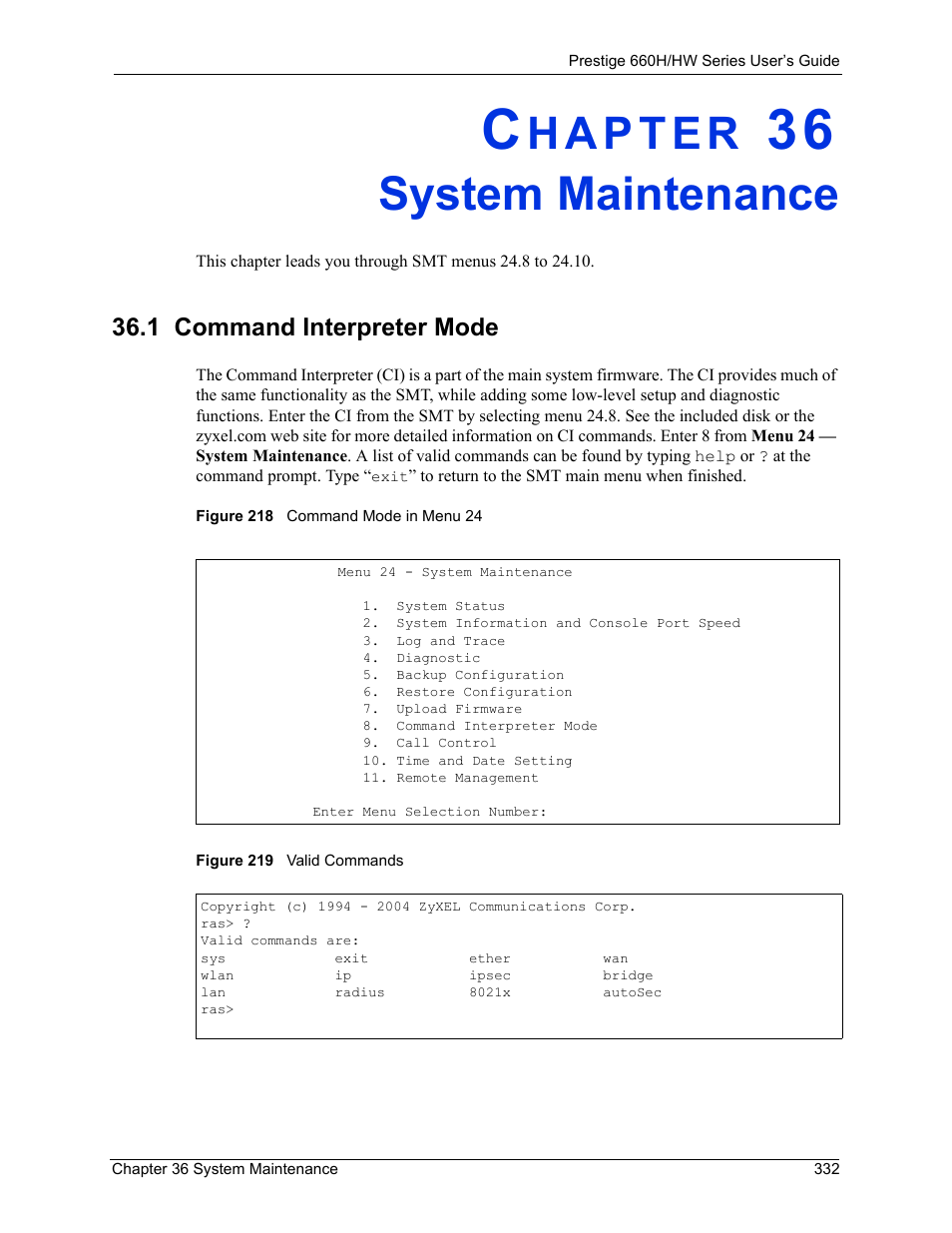 System maintenance, 1 command interpreter mode, Chapter 36 system maintenance | ZyXEL Communications 660HW Series User Manual | Page 333 / 460