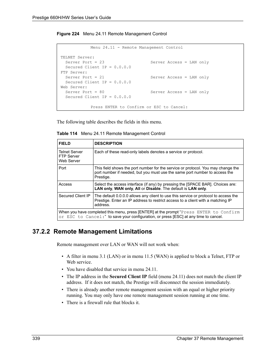 2 remote management limitations, Figure 224 menu 24.11 remote management control, Table 114 menu 24.11 remote management control | ZyXEL Communications 660HW Series User Manual | Page 340 / 460