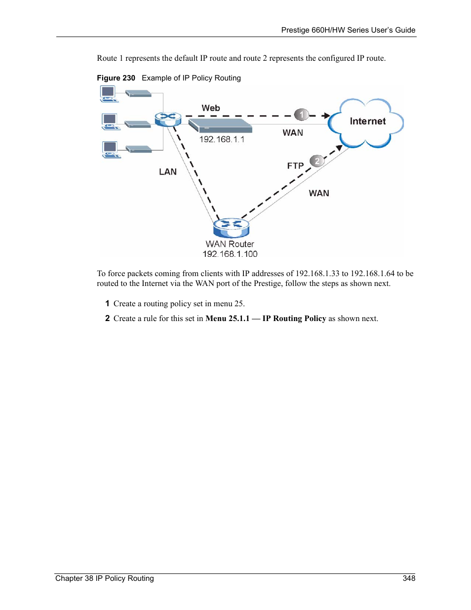 Figure 230 example of ip policy routing | ZyXEL Communications 660HW Series User Manual | Page 349 / 460