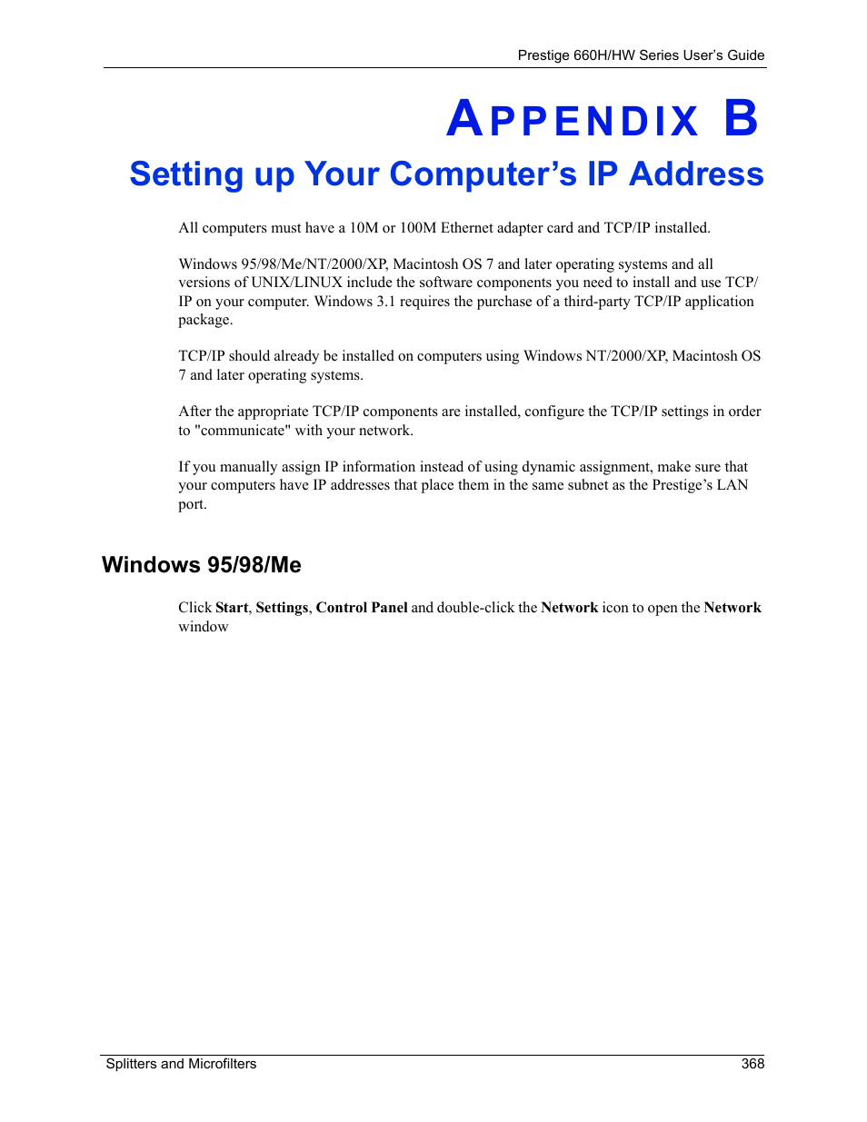 Setting up your computer’s ip address, Windows 95/98/me, Appendix b setting up your computer’s ip address | ZyXEL Communications 660HW Series User Manual | Page 369 / 460