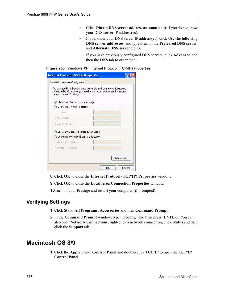 Macintosh os 8/9, Verifying settings | ZyXEL Communications 660HW Series User Manual | Page 376 / 460