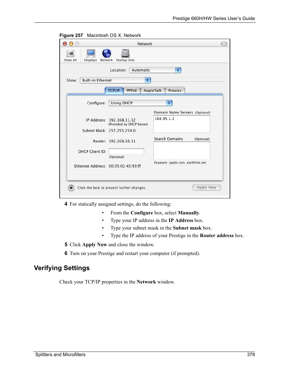 Verifying settings, Figure 257 macintosh os x: network | ZyXEL Communications 660HW Series User Manual | Page 379 / 460