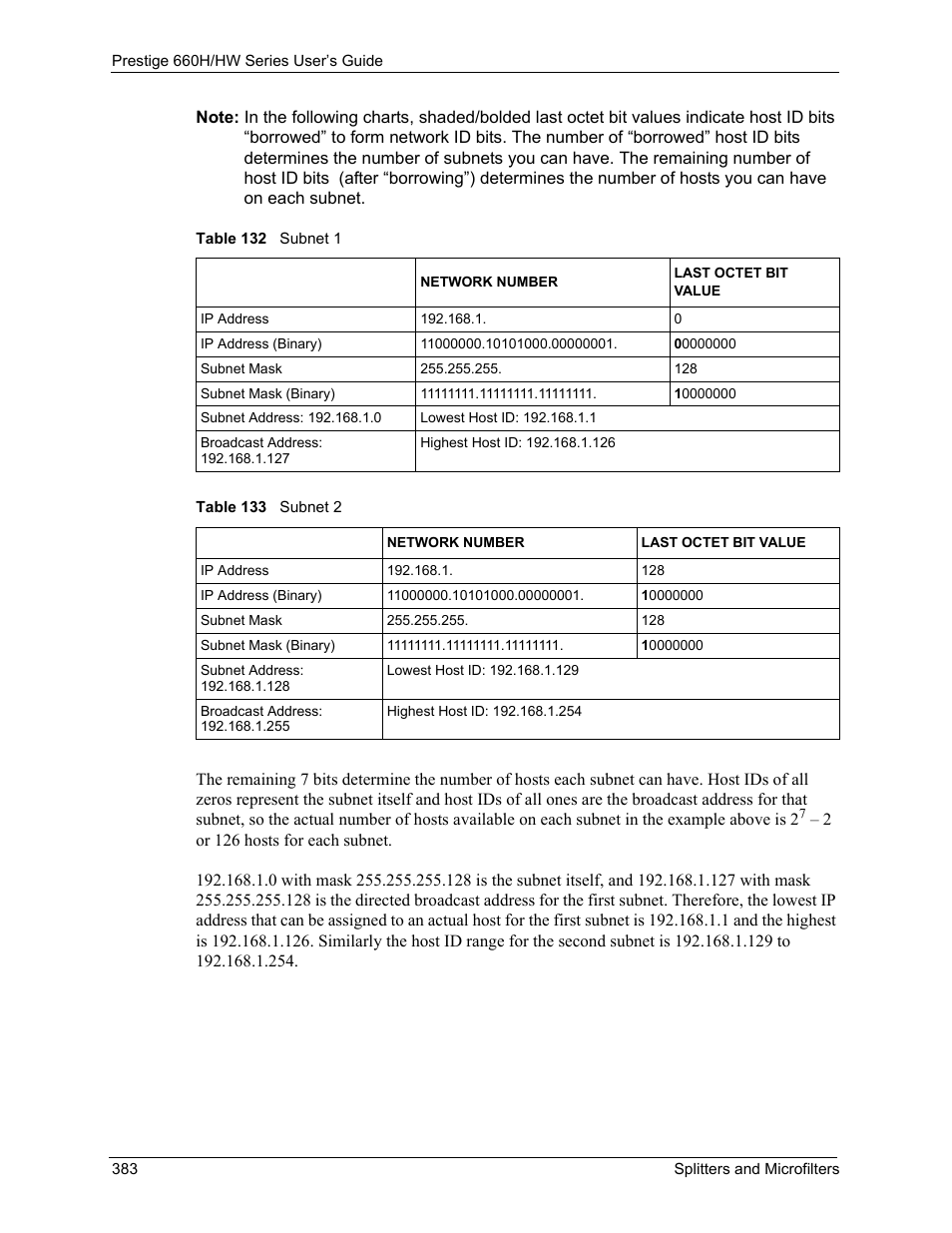 Table 132 subnet 1 table 133 subnet 2 | ZyXEL Communications 660HW Series User Manual | Page 384 / 460