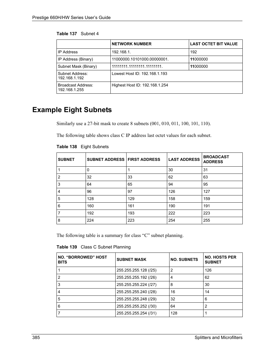 Example eight subnets | ZyXEL Communications 660HW Series User Manual | Page 386 / 460