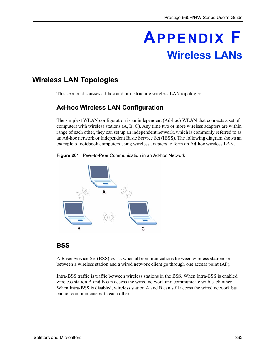 Wireless lans, Wireless lan topologies, Appendix f wireless lans | Ad-hoc wireless lan configuration bss | ZyXEL Communications 660HW Series User Manual | Page 393 / 460