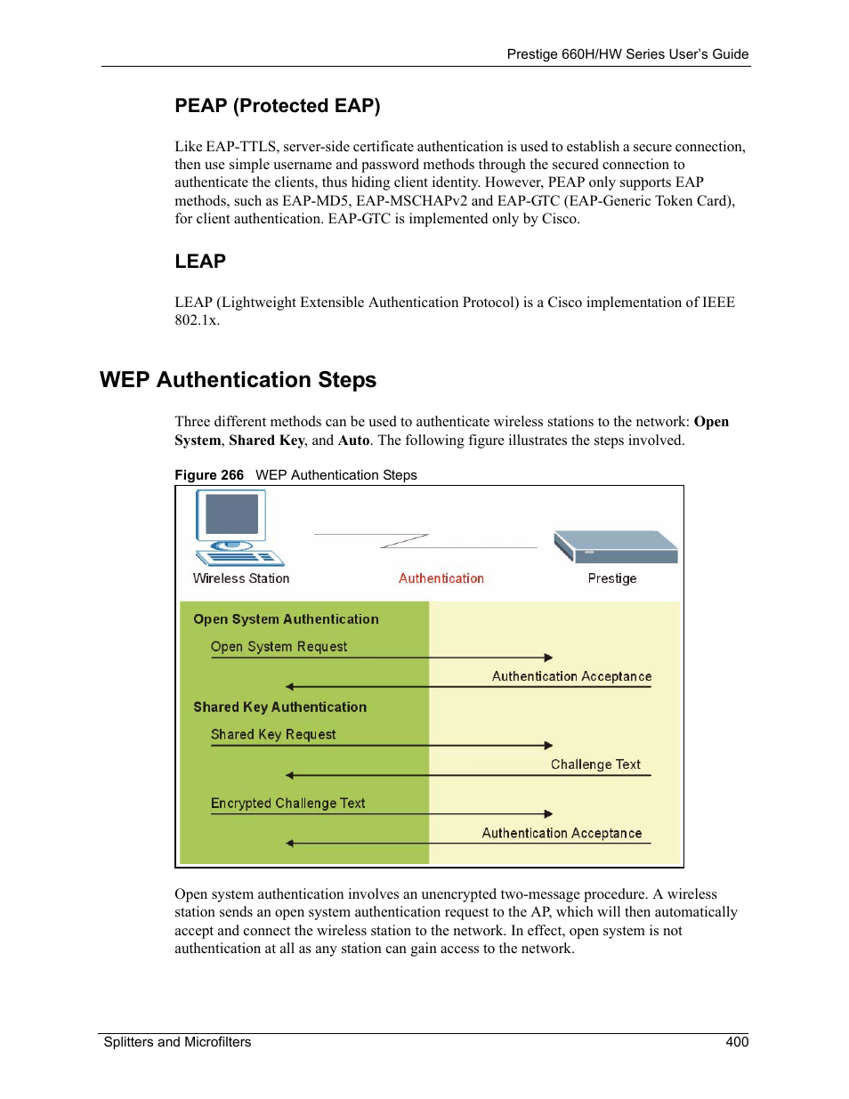 Wep authentication steps, Peap (protected eap) leap, Figure 266 wep authentication steps | ZyXEL Communications 660HW Series User Manual | Page 401 / 460