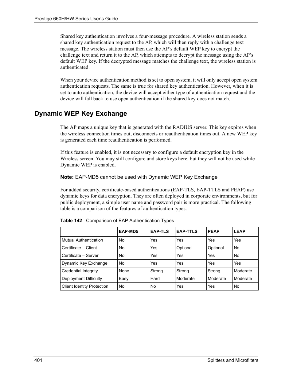 Dynamic wep key exchange, Table 142 comparison of eap authentication types | ZyXEL Communications 660HW Series User Manual | Page 402 / 460