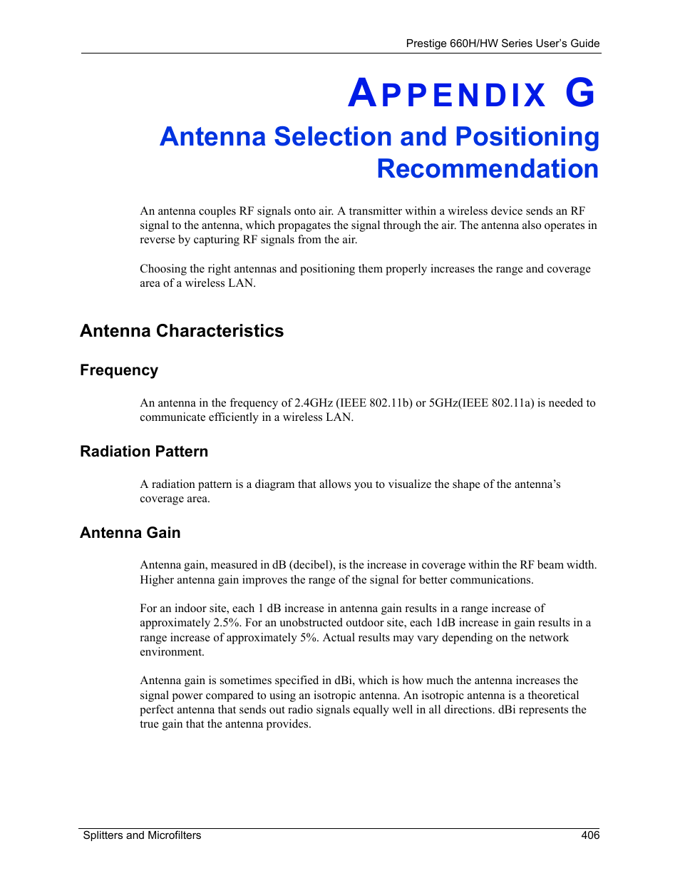Antenna selection and positioning recommendation, Antenna characteristics, Frequency radiation pattern antenna gain | ZyXEL Communications 660HW Series User Manual | Page 407 / 460