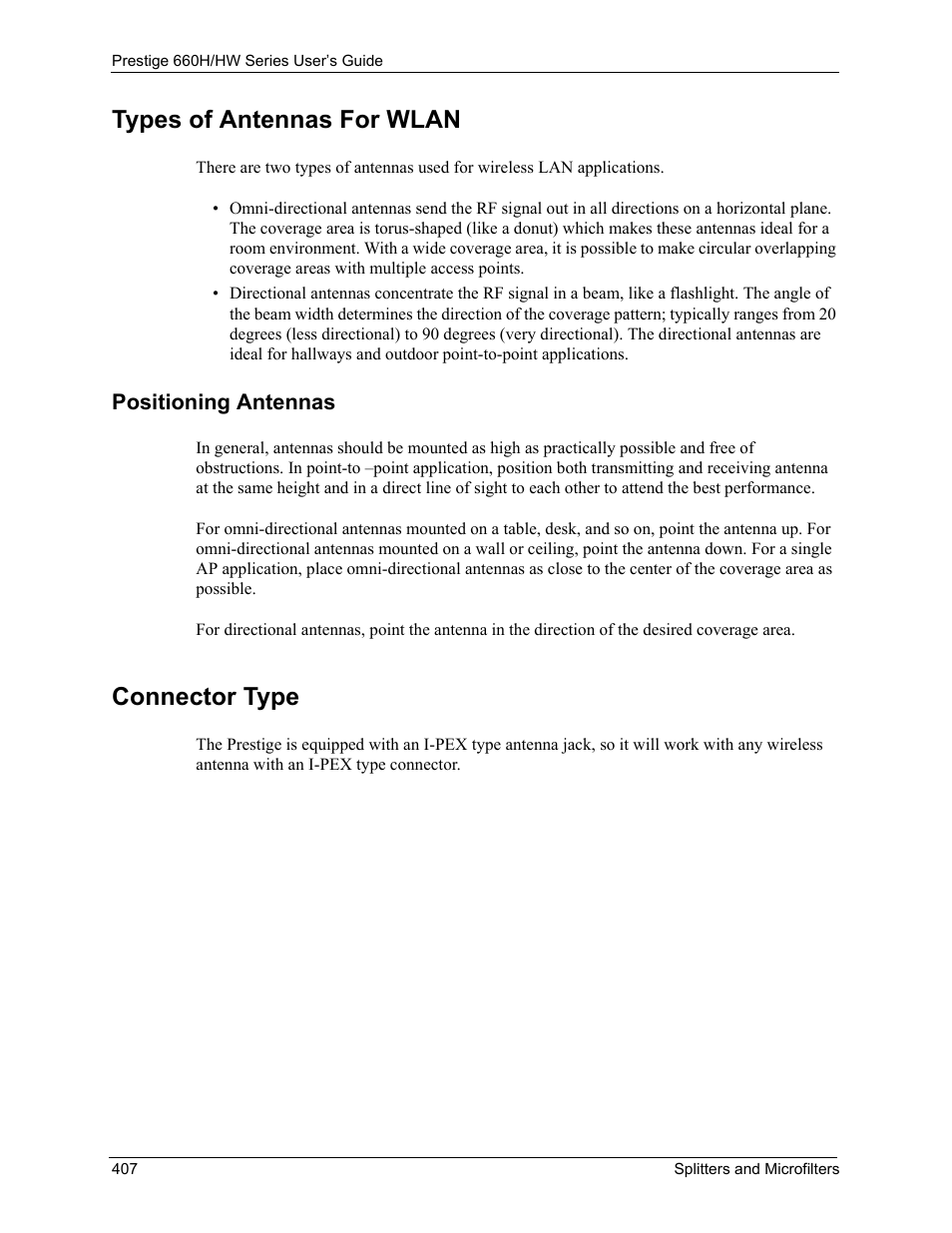 Types of antennas for wlan, Connector type, Positioning antennas | ZyXEL Communications 660HW Series User Manual | Page 408 / 460